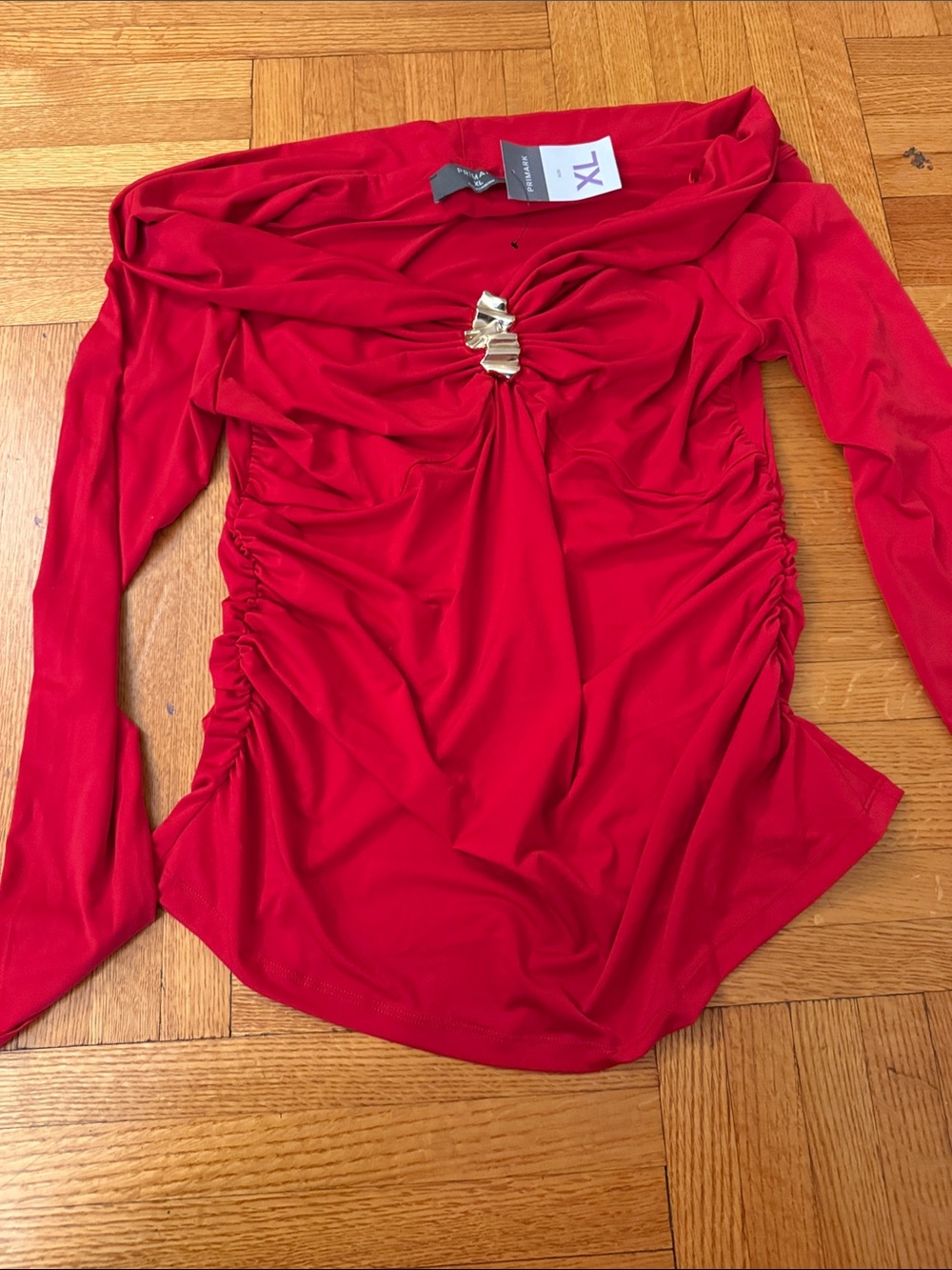 Primark Red Off-Shoulder Ruched off the shoulder blouse with Gold accent.